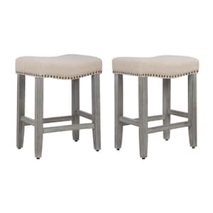 Jameson 24 in. Counter Height Antique Gray Wood Backless Barstool with Beige Linen Saddle Seat (Set of 2)