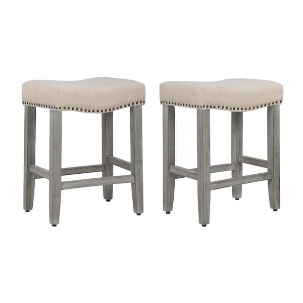 WESTINFURNITURE Jameson 24 in. Counter Height Antique Gray Wood Backless Barstool with Beige Linen Saddle Seat (Set of 2)