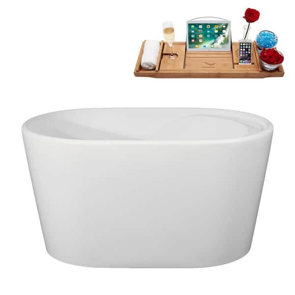 Streamline 47 in. x 30 in. Acrylic Freestanding Soaking Bathtub in Glossy White with Matte Oil Rubbed Bronze Drain, Bamboo Tray