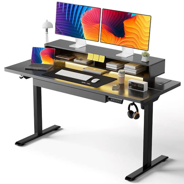 ComHoma Electric Standing Desk with Drawers 48 x 24 in.Height Adjustable Black Gaming Desk with Power Outlets and LED Lights