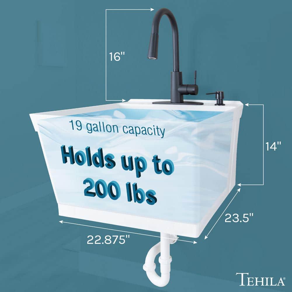 White Thermoplastic Wall Mounted Utility Sink with Matte Black Faucet