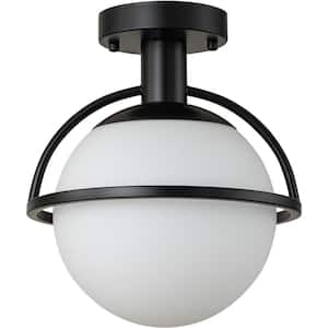 9.65 in. 1-Light Matte Black Modern/Contemporary Opal Glass Globe Semi-Flush Mount Ceiling Light