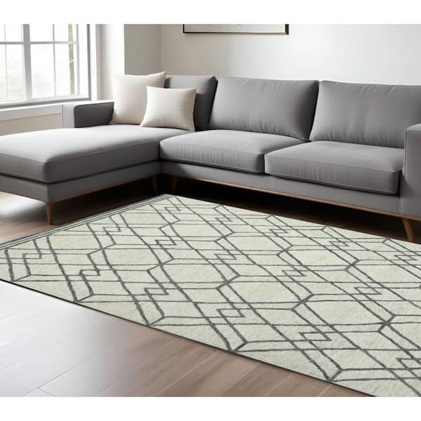 8 ft. x 10 ft. Ivory and Gray Wool Geometric Hand Hooked Area Rug