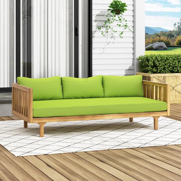 Unbranded Teak Wood 3-Seater Outdoor Day Bed with Arms and Light Green Cushion
