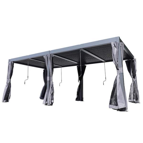 Freestyle 10 ft. x 20 ft. Aluminum Outdoor Adjustable Louvered Roof Pergola with Gray Curtains