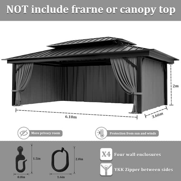 12 ft. x 20 ft. Universal Outdoor Privacy Curtains, Gazebo Curtain Replacement with Zipper Grey (4-Side Curtain Only)