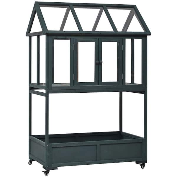 Unbranded Forest Green 24 in. D x 47 in. W x 69 in. H Garden Wood Portable Cold Frame, Mini Greenhouse with Openable Roof, Wheels