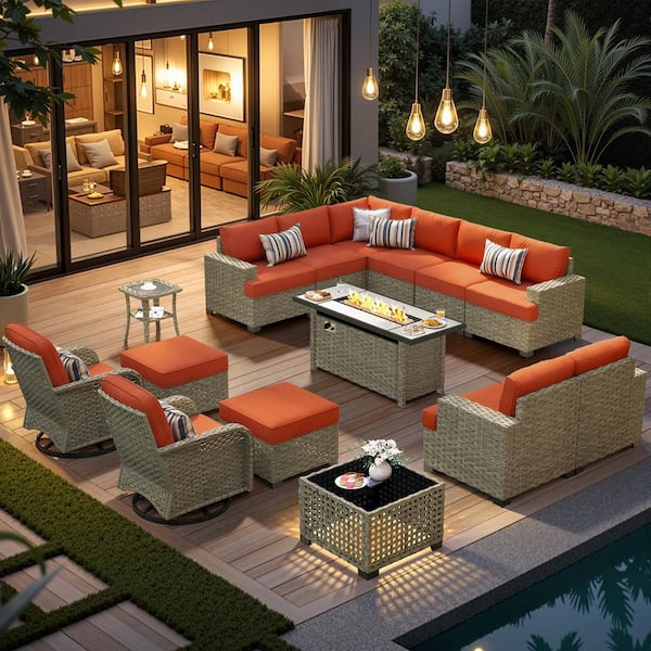 Sentinel 15-Pieces Wicker Outdoor Patio 54 in. Rectangular Fire Pit Set Swivel Rocking Chairs with Orange Red Cushions