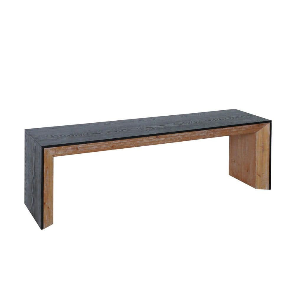 59 in. W Black and Natural Wood Entryway Bench Indoor Home Bedroom Bed End 