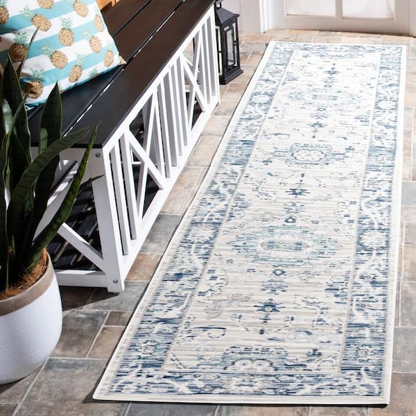 Sunrise Gray/Blue Ivory 2 ft. x 8 ft. Floral Border Reversible Indoor/Outdoor Runner Rug