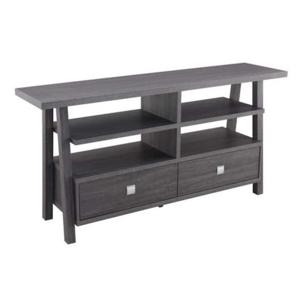Benjara 60 in. Gray Wood TV Stand Fits TVs up to 55 in. with 4 Open Shelves and 2 Drawers