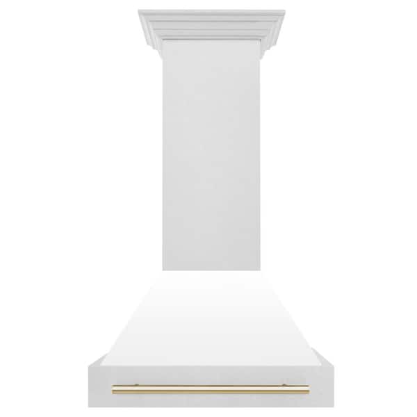 Autograph Edition 30 in. Satin Stainless Steel Wall Mount Range Hood with White Matte Shell and Polished Gold Handle
