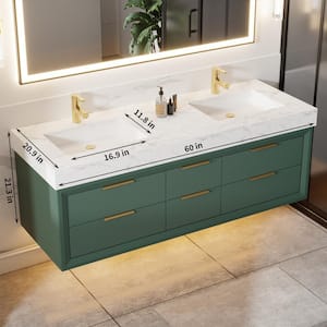Solidoak 60 in. W x 20.9 in. D x 21.3 in. H Double Sink Bath Vanity in Green with White Cultured Marble Top