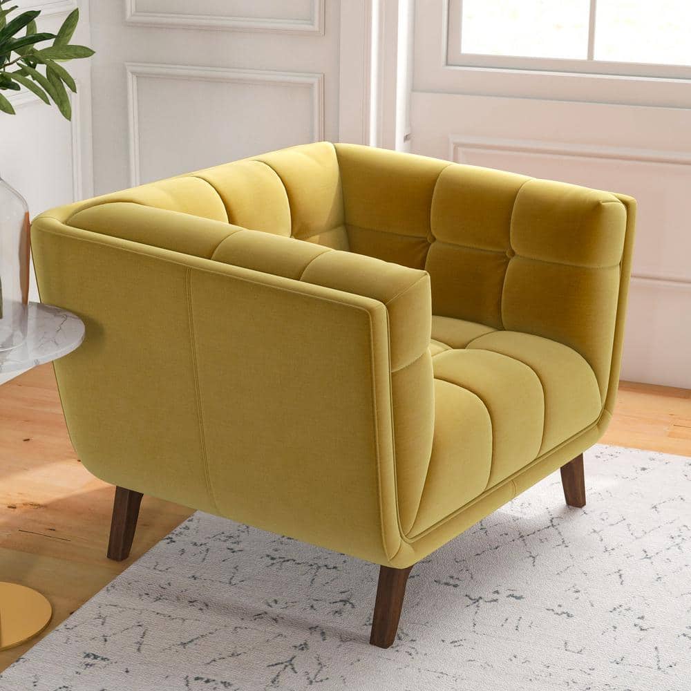 Mid-Century Modern Yellow Velvet Accent Chair with Wood Legs