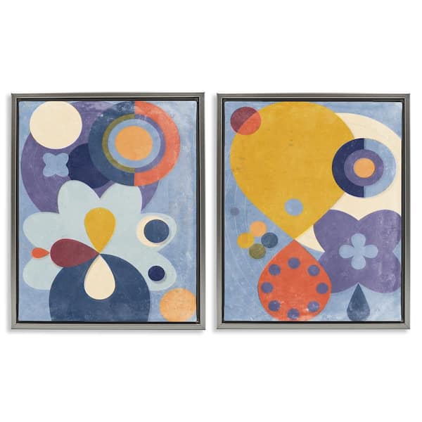 Stupell Industries Retro Shapes on Blue by Victoria Barnes 2 Pieces Gray Floater Frame Abstract Graphic Art Print 21 in. x 17 in.
