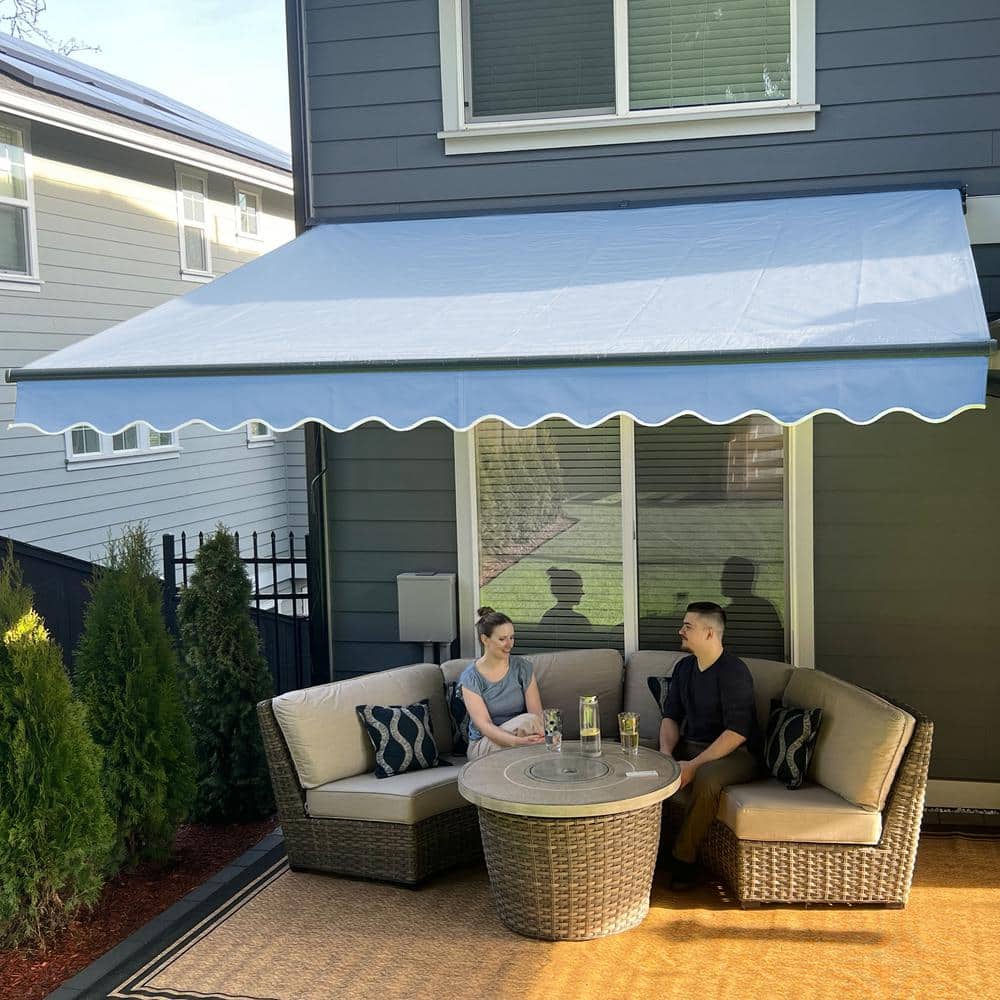 Sky Blue 12' x 10' Manual Retractable Patio Awning with Black Frame