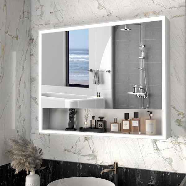 31.5 in. W x 23.6" H Rectangular Wood Medicine Cabinet with Mirror, 3-Grade Light,Touch Switch,Temper Change and 3-Shelf