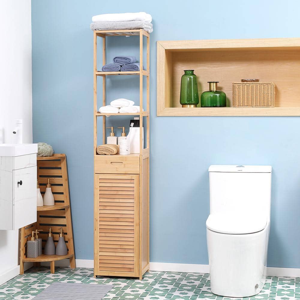 Tall Natural Bamboo Lockable Storage Cabinet with Drawer