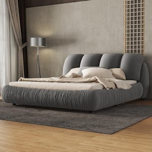 High End White Wood Frame Queen Size Velvet Upholstered Platform Bed with Oversized Padded Backrest, Pleating Bed Body