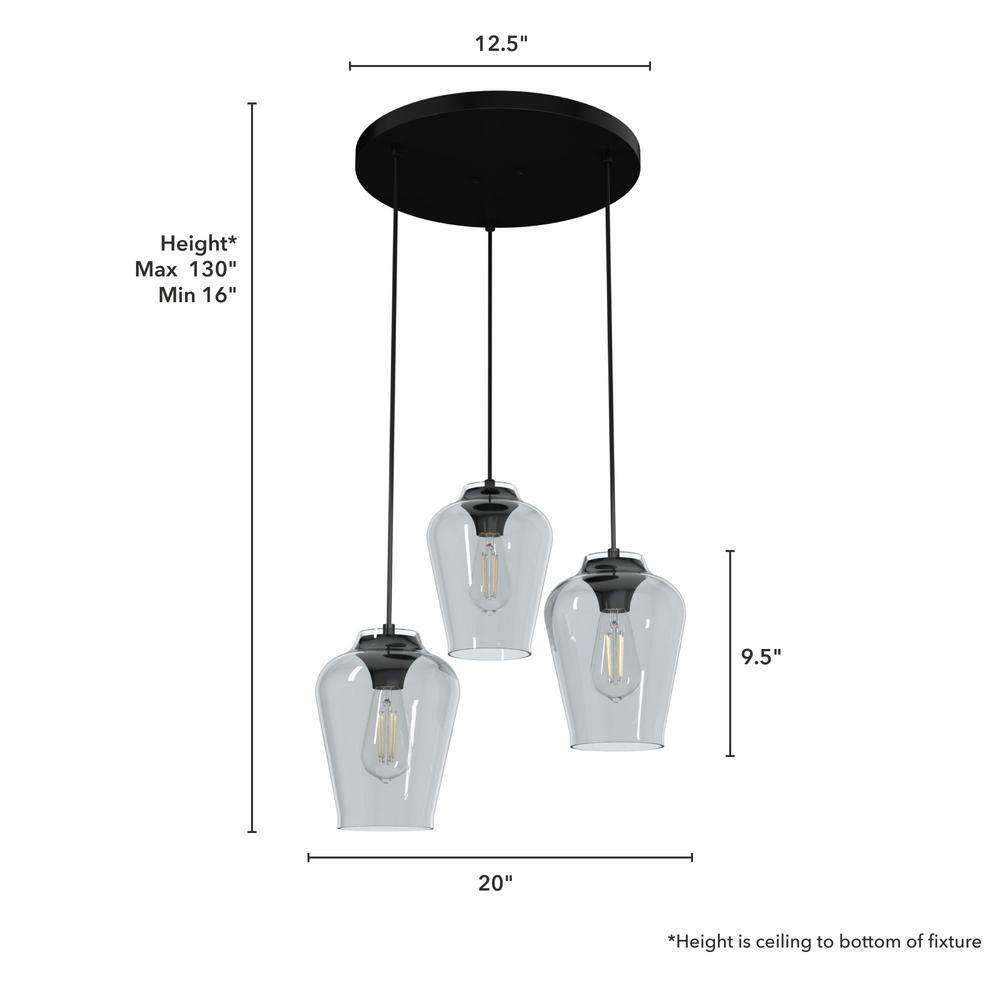 Vidria Matte Black 3-Light Glass Cluster Pendant Fixture
