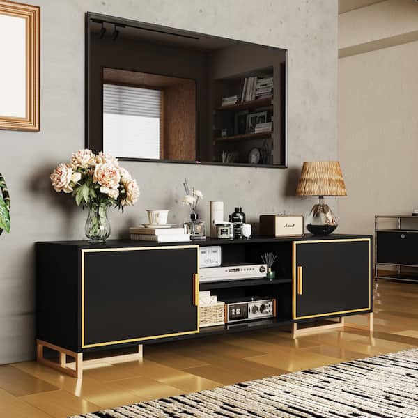 FUFU&GAGA Black and Golden TV Stand Entertainment Center Fits TV's up to 70 in. with 6-Shelves and 2-Doors