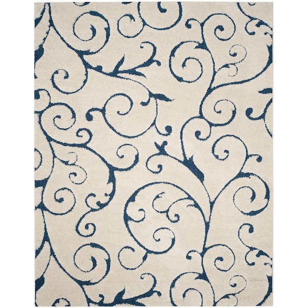 Florida Shag 11 ft. x 15 ft. Cream/Blue High-Low Floral Area Rug