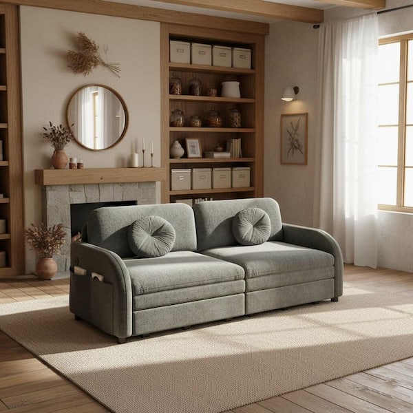 YONOQ 65.4 in. Graphite Gray Modern 3-in-1 Convertible Chenille Queen Size Sofa Bed with USB Port and Storage Pockets