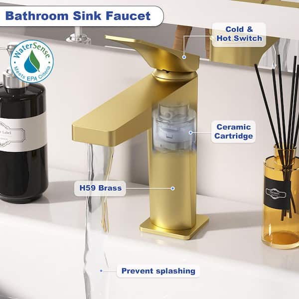 NOBLE Single Handle Sink Faucet Mid Arc Single Hole Bathroom Faucet with Deckplate in Brushed Gold