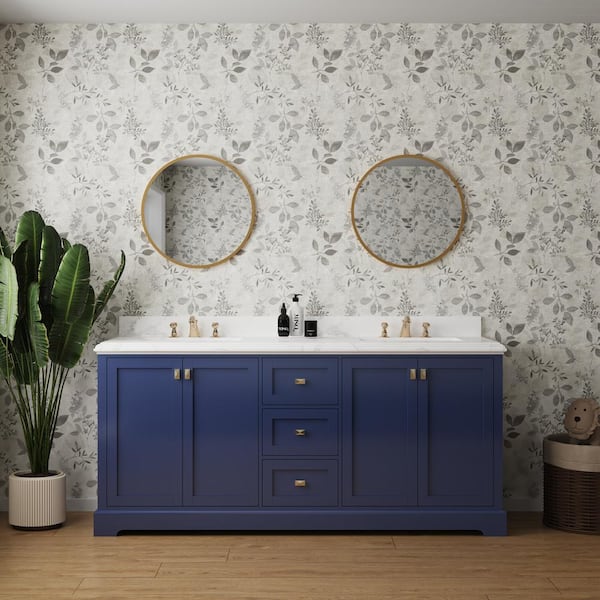 72 in. W x 22.25 in. D x 33.88 in. H Bath Vanity in Navy with White Marble Top and Undermount Ceramic Sink