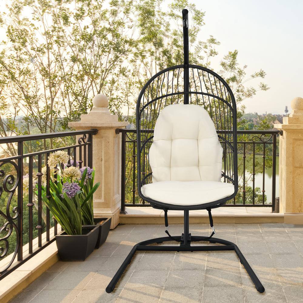 Beige Wicker Hanging Egg Chair with Cushions and Stand
