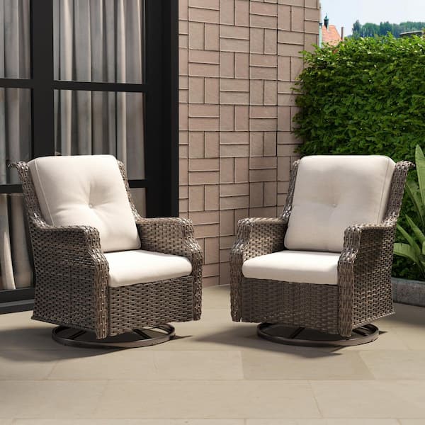 2-Piece Outdoor Patio Wicker Lounge Chair Swivel Rocking Chair with Beige Cushions