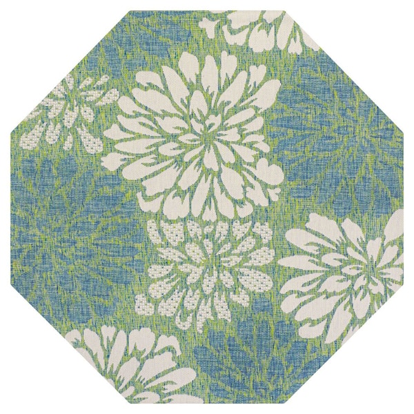 Zinnia Modern Floral Textured Weave Cream/Green 8 ft. Octagon Indoor/Outdoor Area Rug