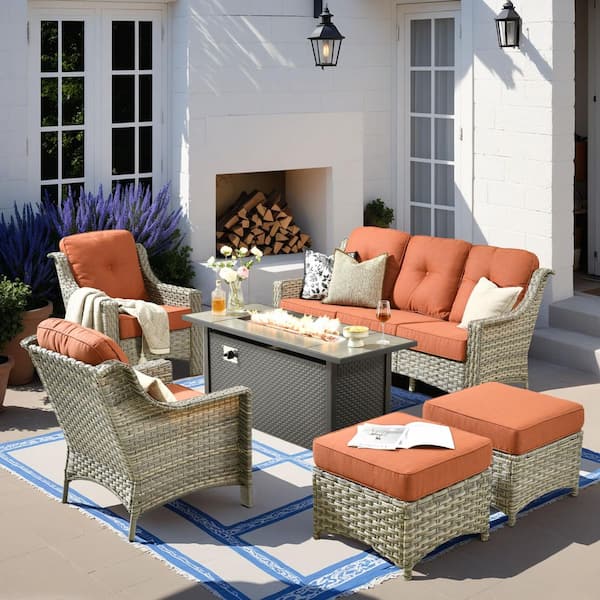 Tulip Q 6-Piece Wicker Patio 54" Fire Pit Conversation Set with Red Cushions and Ottomans