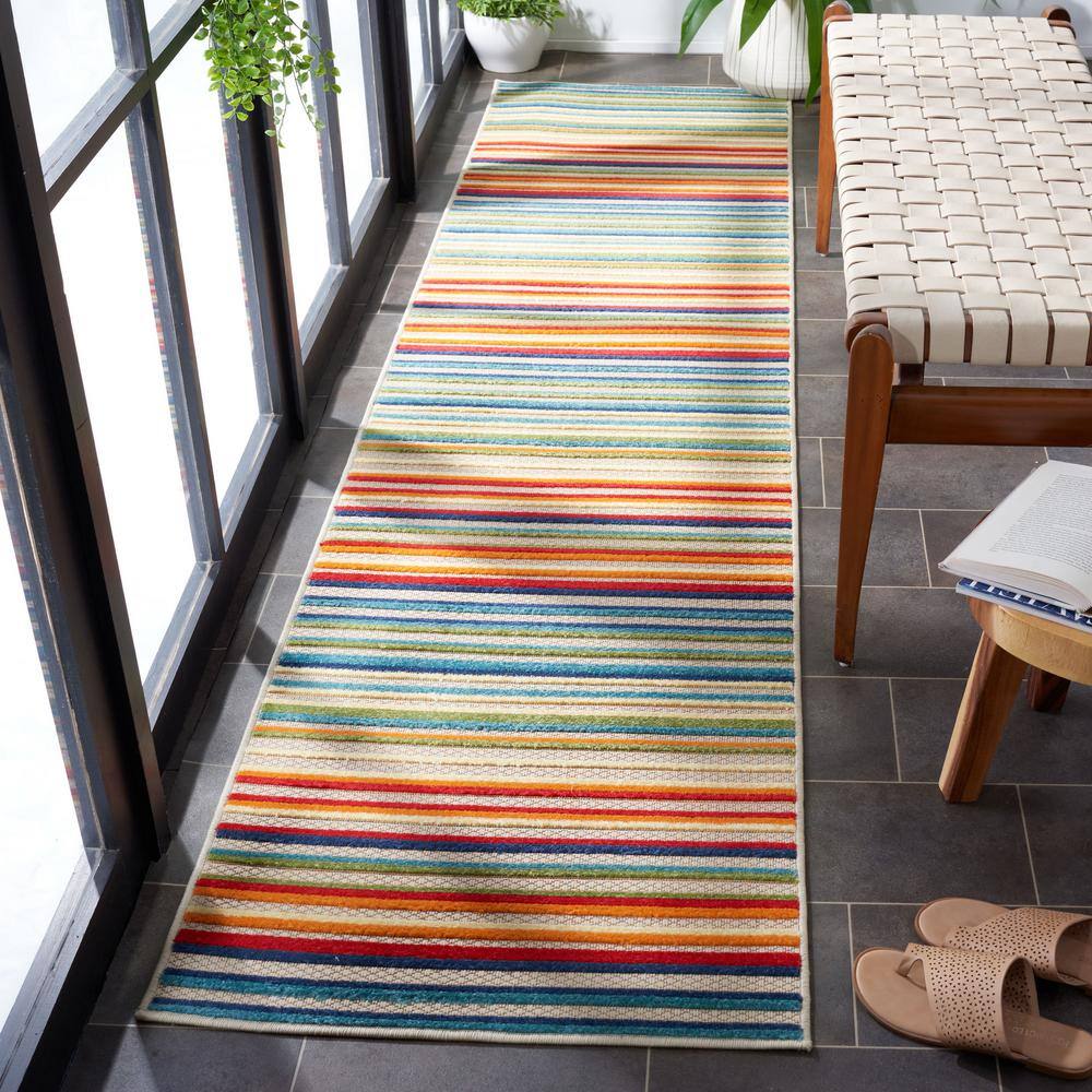 Ivory and Green Geometric Synthetic Runner Rug