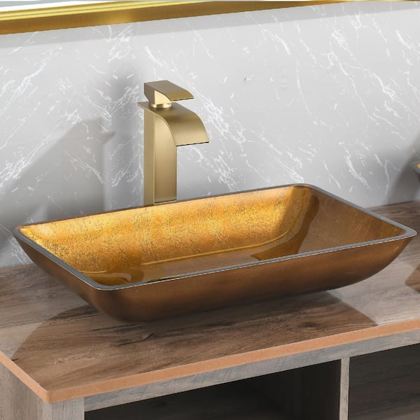 Interbath Glass Rectangular Vessel Bathroom Sink in Gold Set with gold Faucet and gold Pop Up Drain