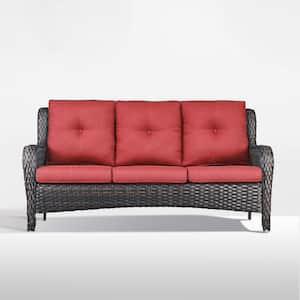 ArcoBay Metal and Brown Wicker Outdoor 3-Seat Sectional Couch Sofa with Olefin Red Cushions