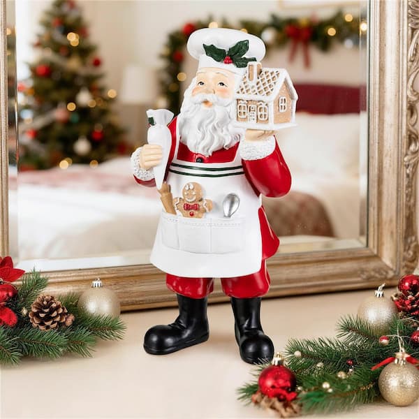 Glitzhome 11 in. H Christmas Polyresin Santa Chef Figurine with