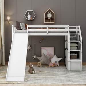 White Twin Size Loft Bed with Slide and Stairs, Wood High Kids Loft Bed Frame with Storage and Guardrail