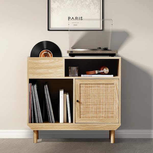 ATHMILE Natural Rattan Record Player Stand Table/Record Storage Cabinet(15.3 in. D x 32.6 in. W x 30.3 in. H)