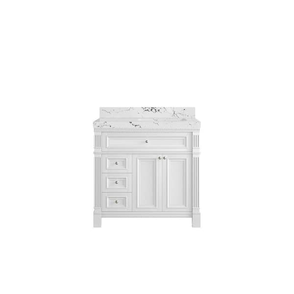 Willow Collections Paris 36 in. W x 22 in. D x 36 in. H Right Offset Sink Bath Vanity in White with 2 in. Viola Night qt. Top