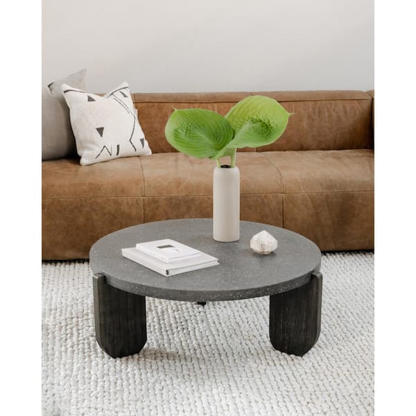 NADAAL STUDIOS Ronan 36.5 in. Black Round Concrete Coffee Table with Acacia Base