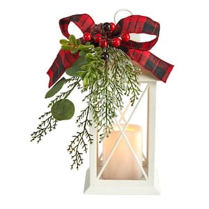 12 in. Unlit Holiday Lantern with Berries, Pine, Plaid Bow Artificial Christmas Table Arrangement with LED Candle