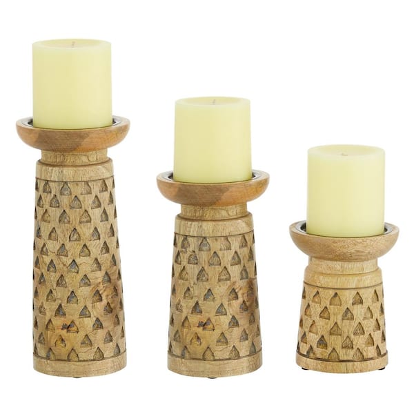 Litton Lane Brown Wood Handmade Geometric Intricate Carved Pillar Candle Holder (Set of 3)