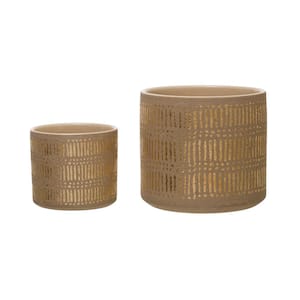 Various Gold and Sand Stoneware Round Planter Set with Printed Lines (2-Pack)