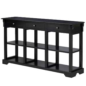 58.1 in. W 32.3 in. H x 14.2 in. D Pine Wood Rectangular Console Table with Drawers and Open Shelf in Black