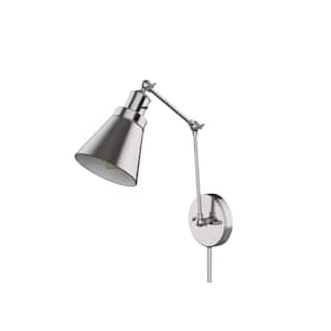 1-Light Brushed Nickel Plug-In/Hardwired Swing Arm Wall Lamp with 6 ft. Fabric Cord