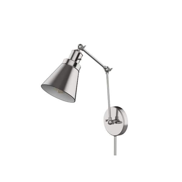 Photo 1 of 1-Light Brushed Nickel Plug-In/Hardwired Swing Arm Wall Lamp with 6 ft. Fabric Cord