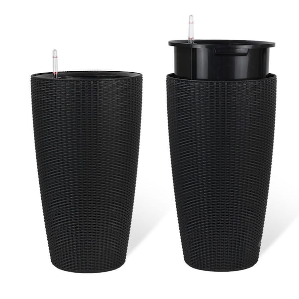 13 in. Dia Black Faux Rattan Outdoor Indoor Large Planter 2-Piece w/ Water Level Monitor Inner Bucket Automatic Watering