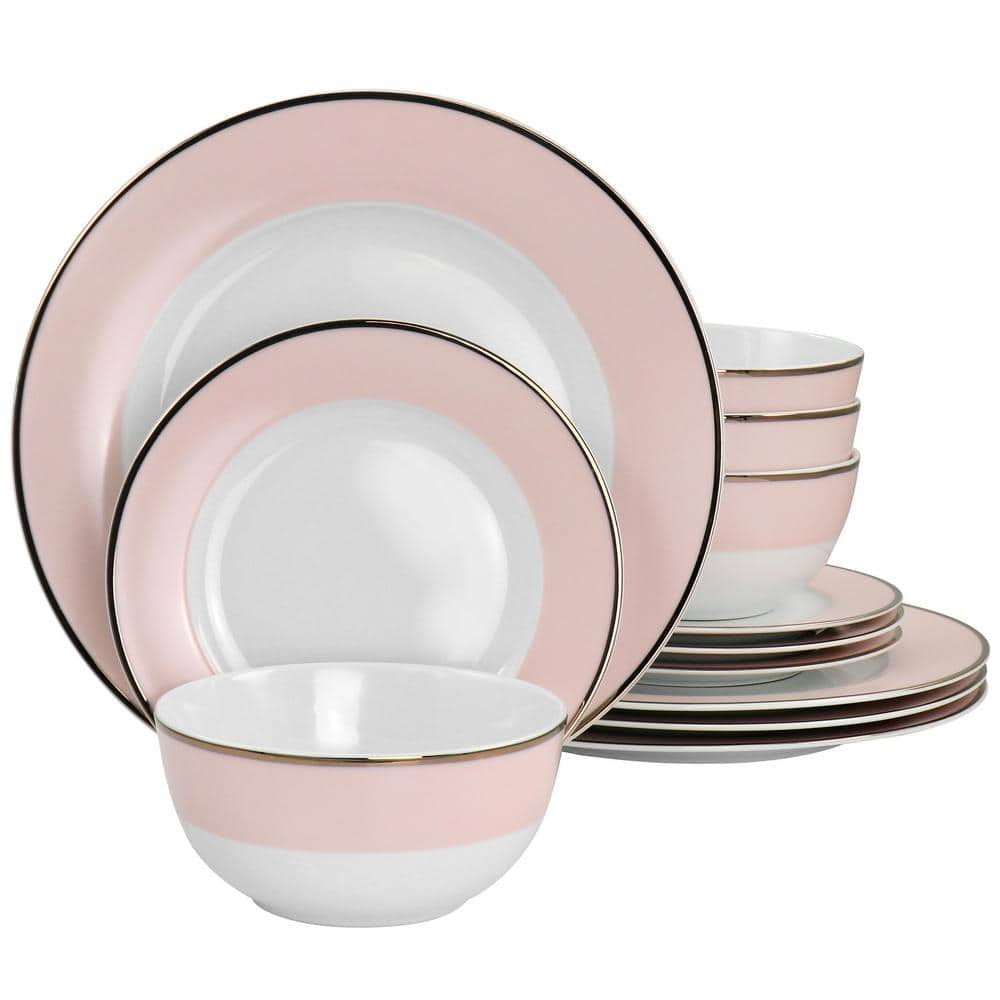 MARTHA STEWART Martha Stewart Gold Rimmed 12-Piece Fine Ceramic Dinnerware  Set in Pink Service for 4 985118016M - The Home Depot