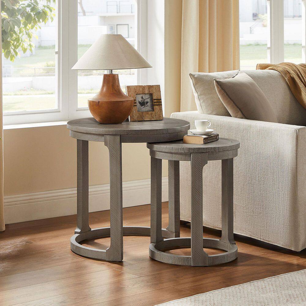 2-Piece Brown Pine Wood Traditional Round Indoor & Outdoor Side Table ...